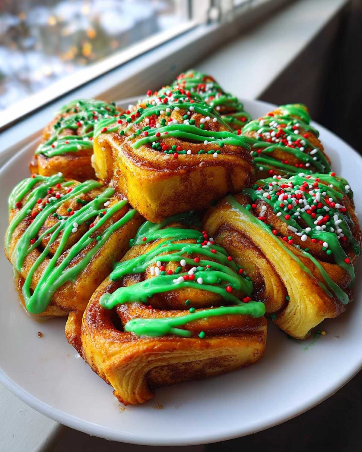 A plate of freshly baked christmas tree cinnamon rolls decorated with bright green icing and festive red, white, and green sprinkles.