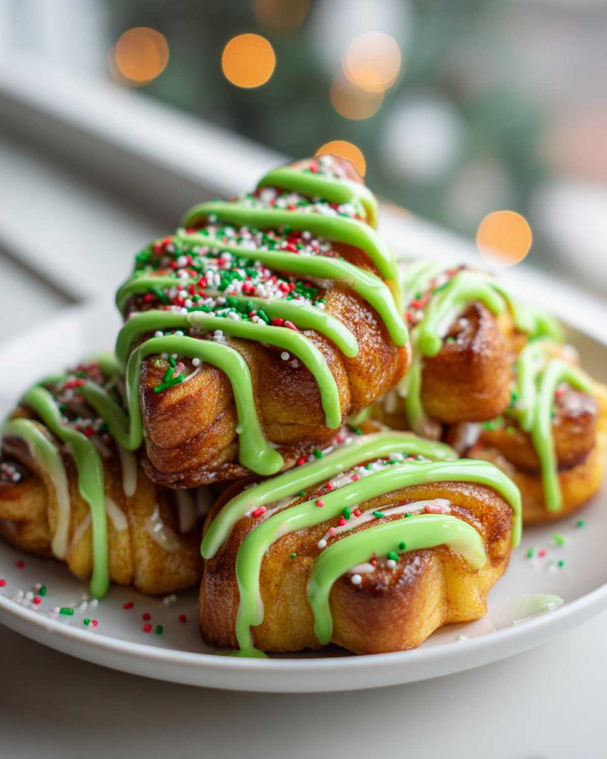 A stack of baked christmas tree cinnamon rolls topped with bright green icing and festive red, white, and green sprinkles.