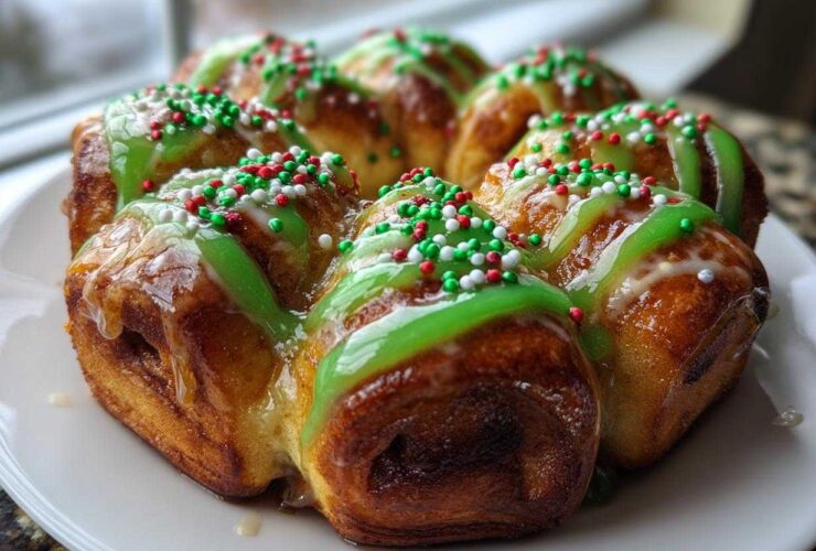 Close-up of freshly baked christmas tree cinnamon rolls arranged in a circle, topped with bright green icing and red, white, and green sprinkles.