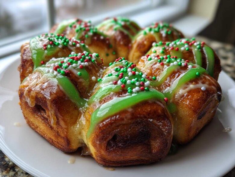 Close-up of freshly baked christmas tree cinnamon rolls arranged in a circle, topped with bright green icing and red, white, and green sprinkles.