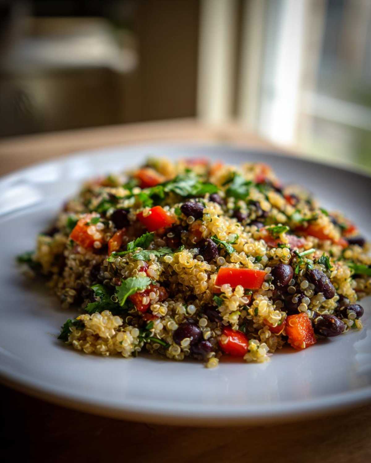 Close-up of a vibrant cilantro lime quinoa salad mixed with black beans and diced red peppers on a white plate.