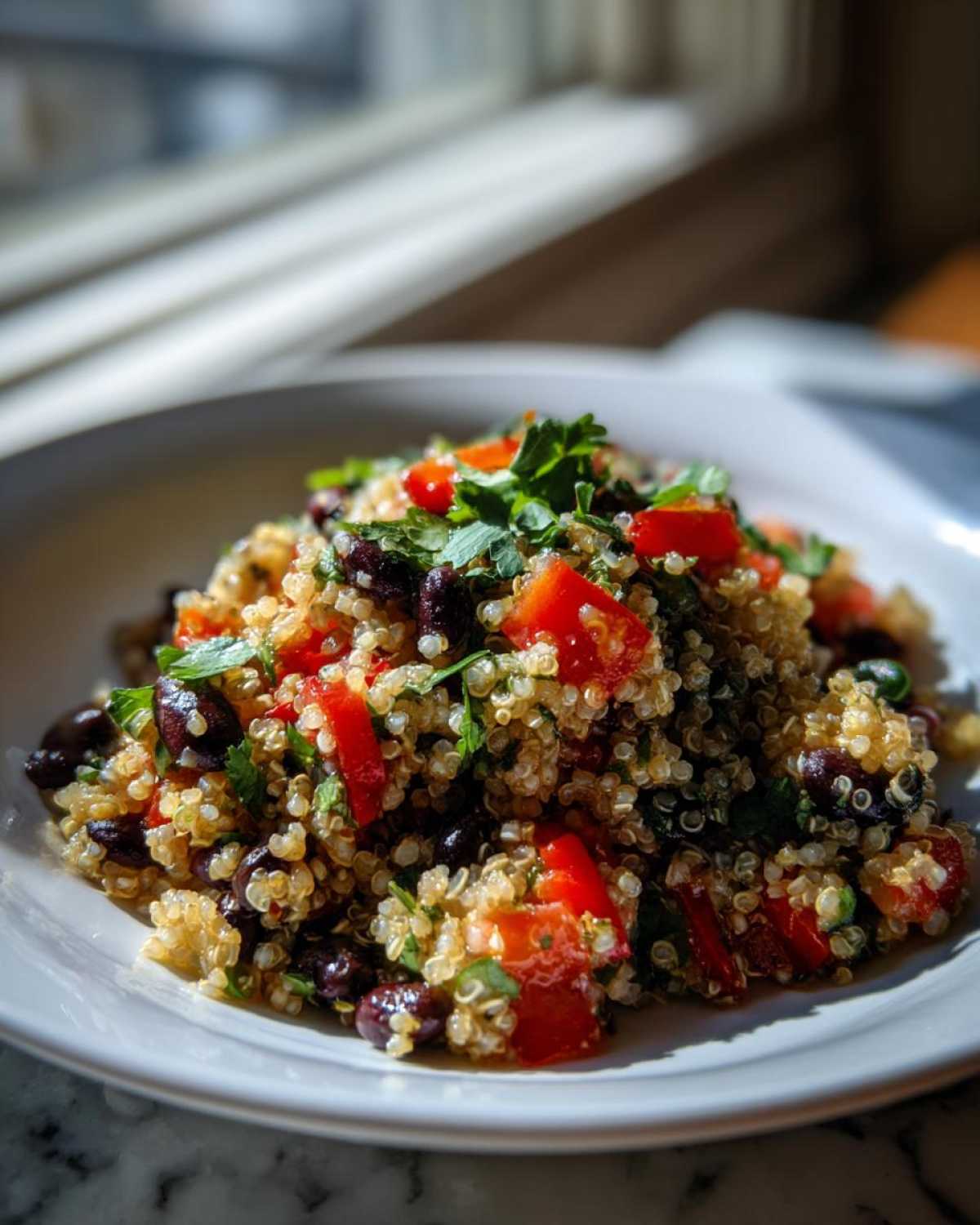 Close-up of a vibrant cilantro lime quinoa salad mixed with black beans and red bell peppers, garnished with fresh herbs.