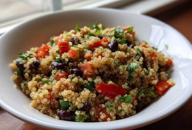 Close-up of a bright cilantro lime quinoa salad with black beans and diced red tomatoes in a white bowl.
