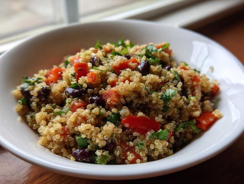 Close-up of a bright cilantro lime quinoa salad with black beans and diced red tomatoes in a white bowl.