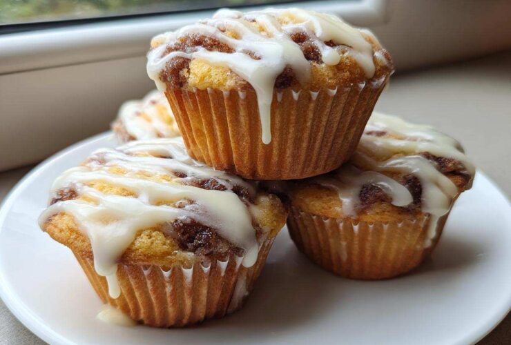 A stack of four freshly baked cinnamon roll muffins topped with thick white icing, sitting on a white plate.