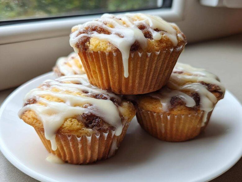 A stack of four freshly baked cinnamon roll muffins topped with thick white icing, sitting on a white plate.