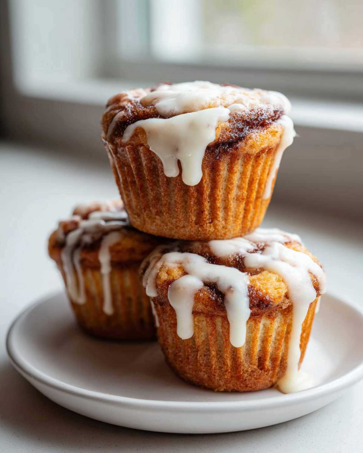 Three freshly baked cinnamon roll muffins stacked on a white plate, generously drizzled with white icing.