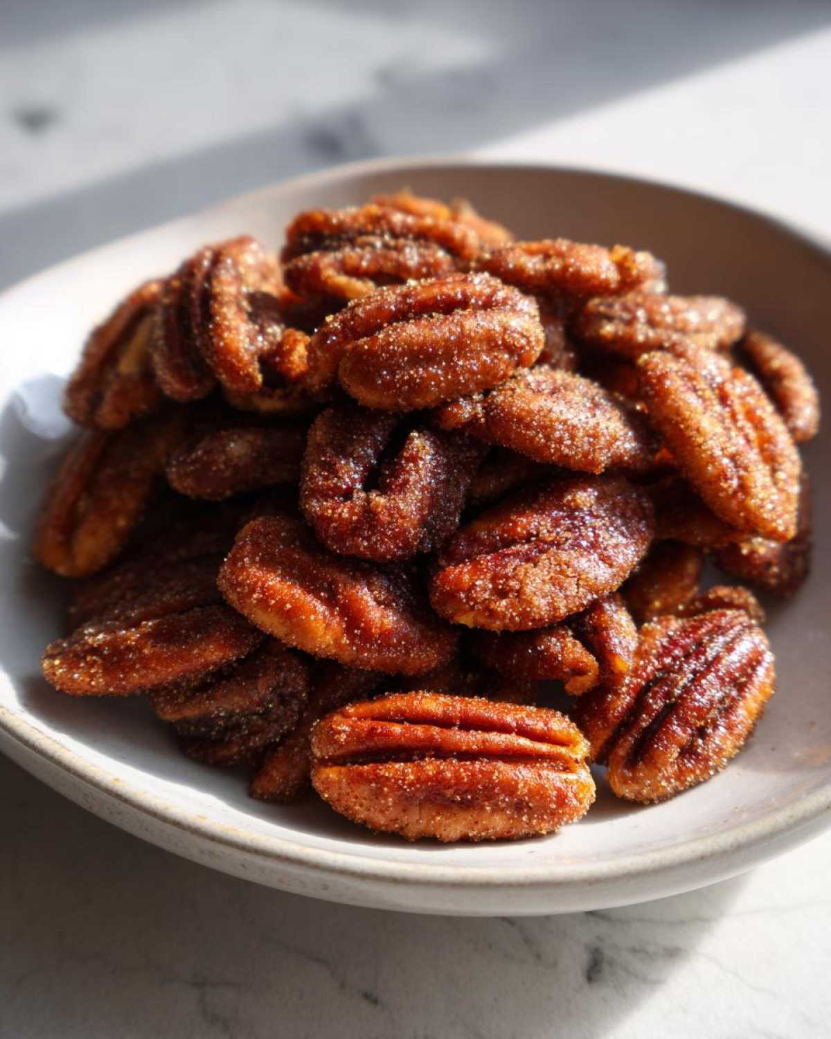 A bowl filled with glistening, candied cinnamon sugar pecans, showing the sugary coating.