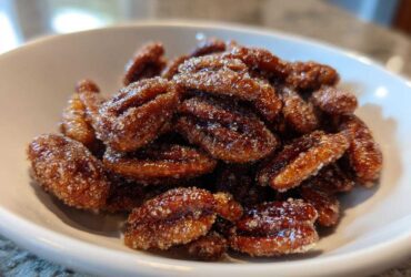 Close-up of glossy, candied cinnamon sugar pecans piled high in a small white bowl.