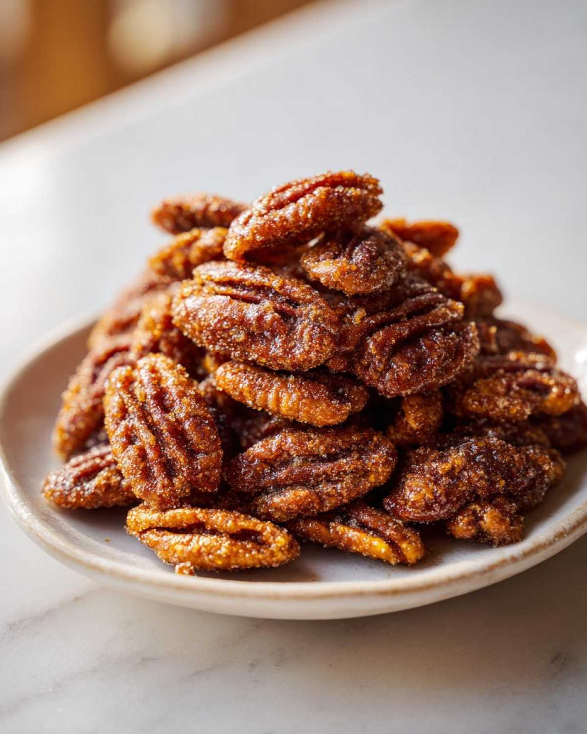A close-up of a small pile of glazed cinnamon sugar pecans coated in sparkling sugar crystals on a light plate.