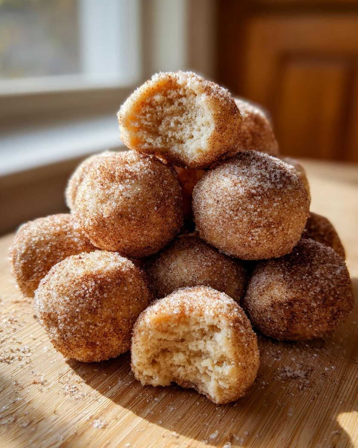 A close-up of a pile of soft cinnamon sugar snowball cookies, one with a bite taken out, showing the texture.