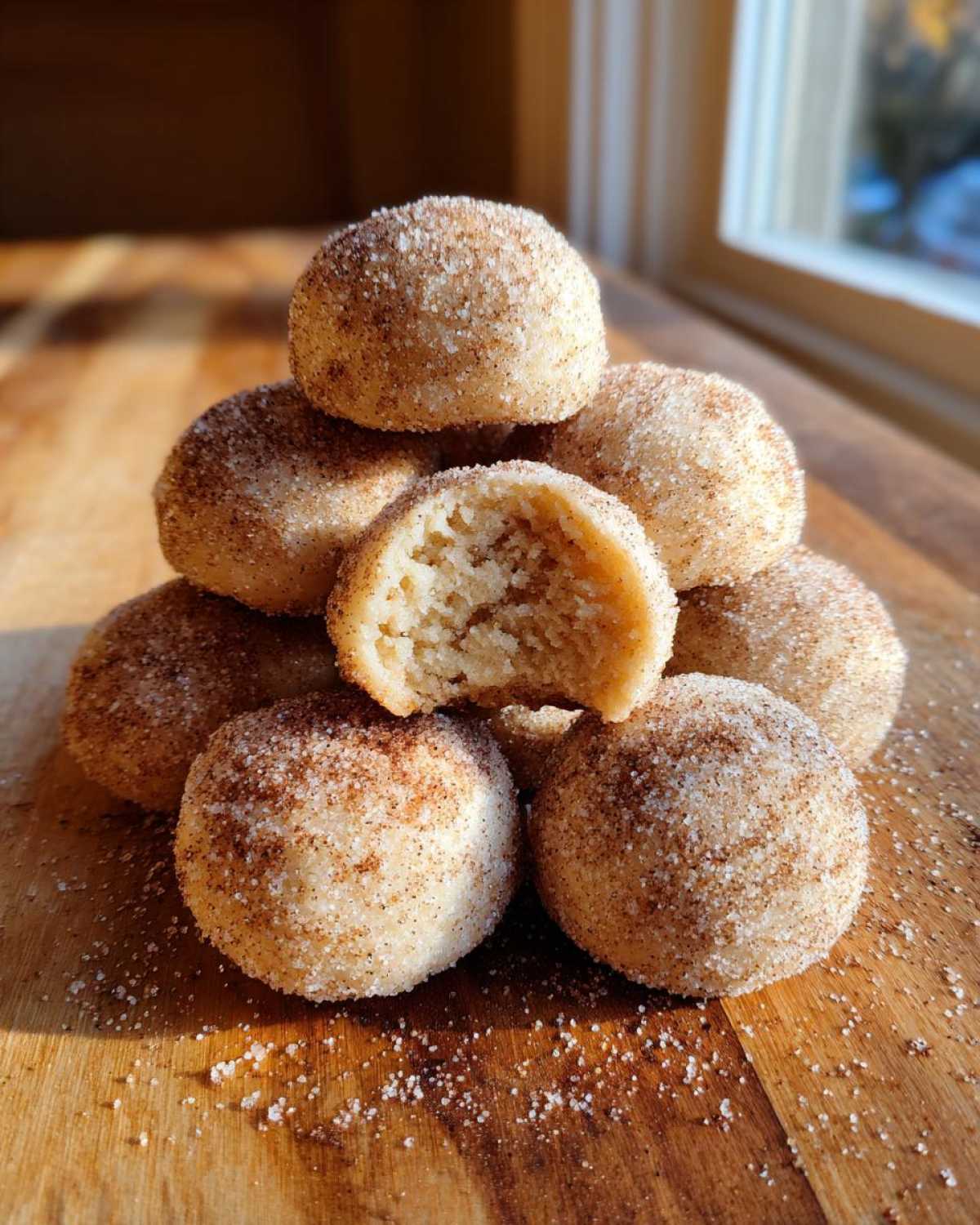A stack of soft cinnamon sugar snowball cookies, one cookie is broken open showing the texture inside.