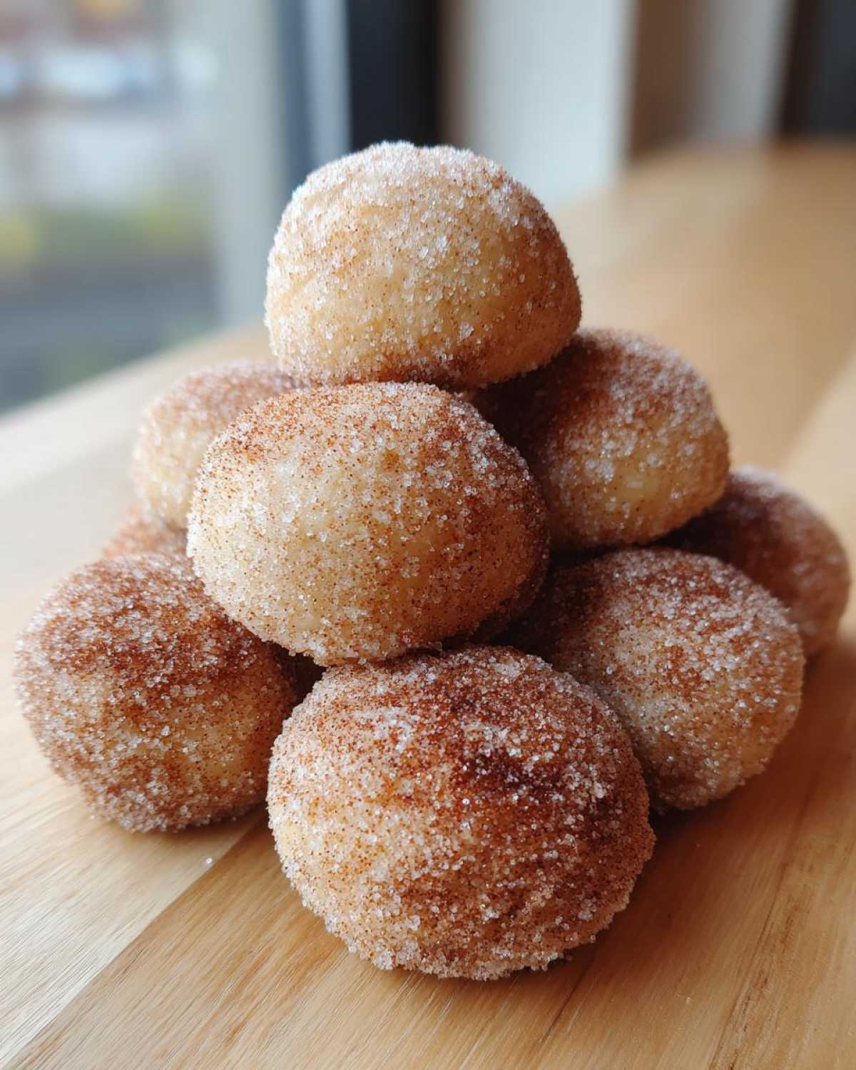 A close-up stack of freshly made cinnamon sugar snowball cookies coated heavily in sparkling sugar.