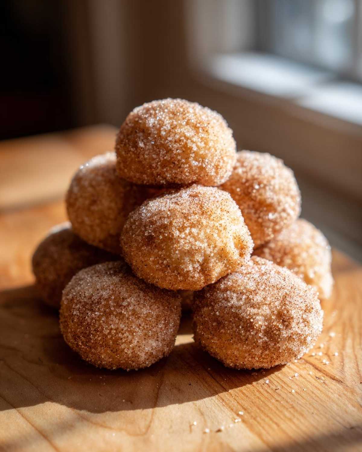 A small stack of freshly baked cinnamon sugar snowball cookies heavily coated in sparkling sugar.