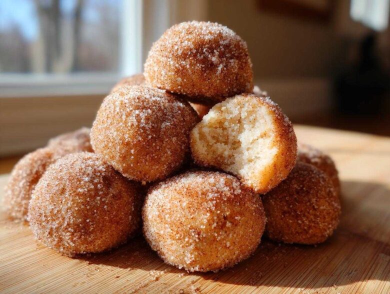 A stack of delicious cinnamon sugar snowball cookies, with one cookie broken open to show the soft interior.
