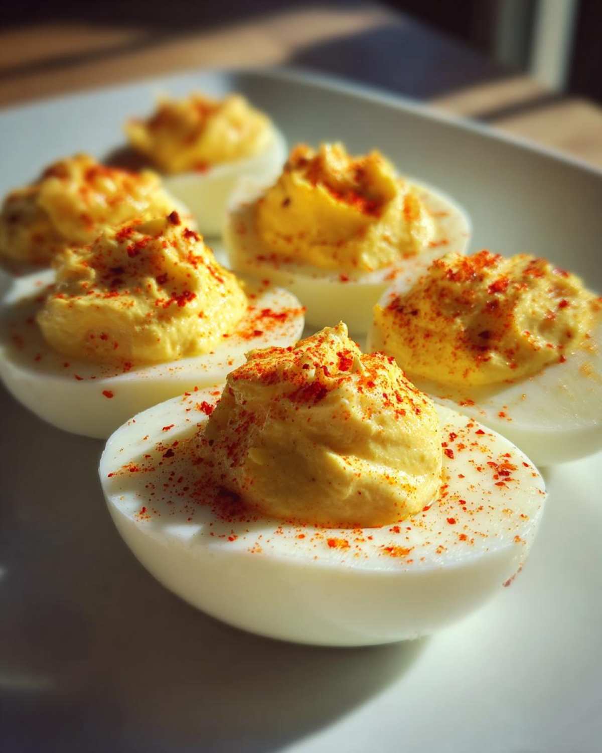 Close-up of several classic deviled eggs halves filled with creamy yolk mixture and sprinkled with paprika.