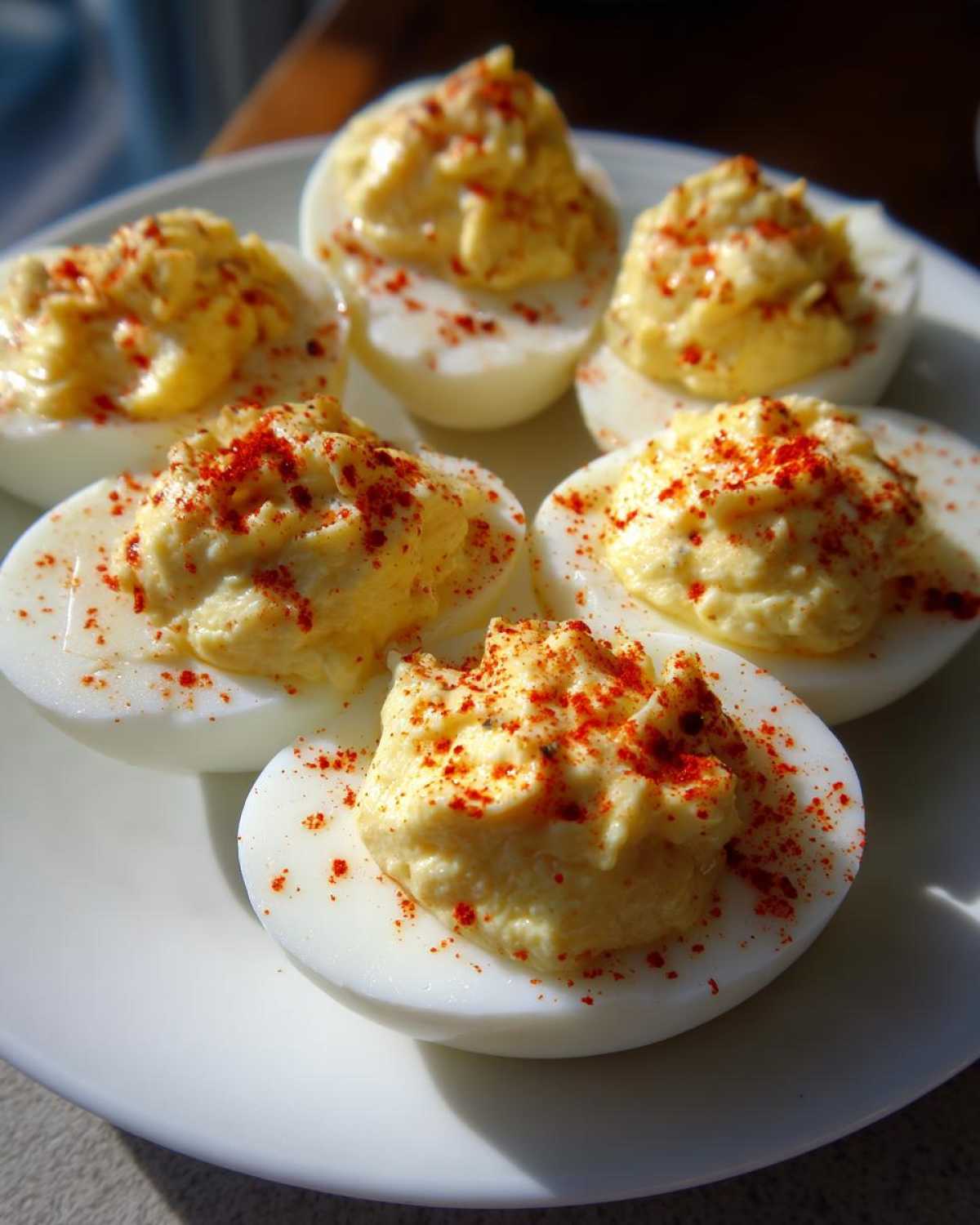 A close-up of five classic deviled eggs halves filled with creamy yolk mixture and sprinkled with bright red paprika.