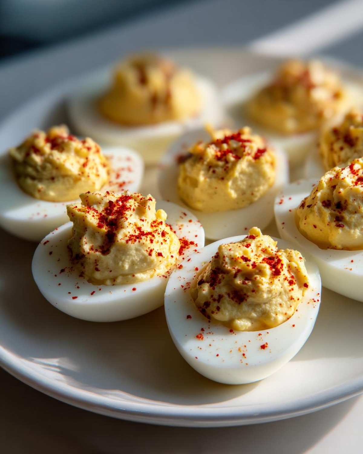 Close-up of several classic deviled eggs halves filled with creamy yolk mixture and sprinkled with red paprika.