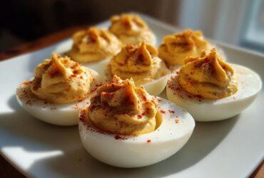 Close-up of six classic deviled eggs arranged on a white plate, topped with piped yolk filling and paprika.