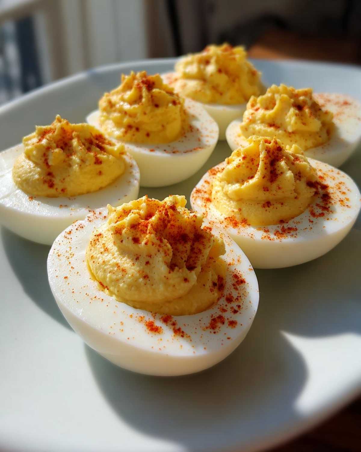 A close-up of several classic deviled eggs on a white plate, topped with piped yolk filling and sprinkled paprika.