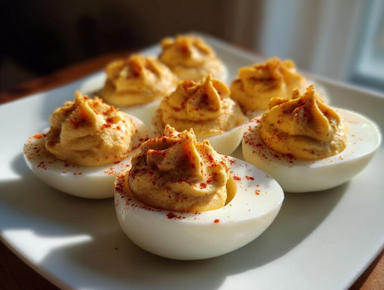 Close-up of six classic deviled eggs arranged on a white plate, topped with piped yolk filling and paprika.