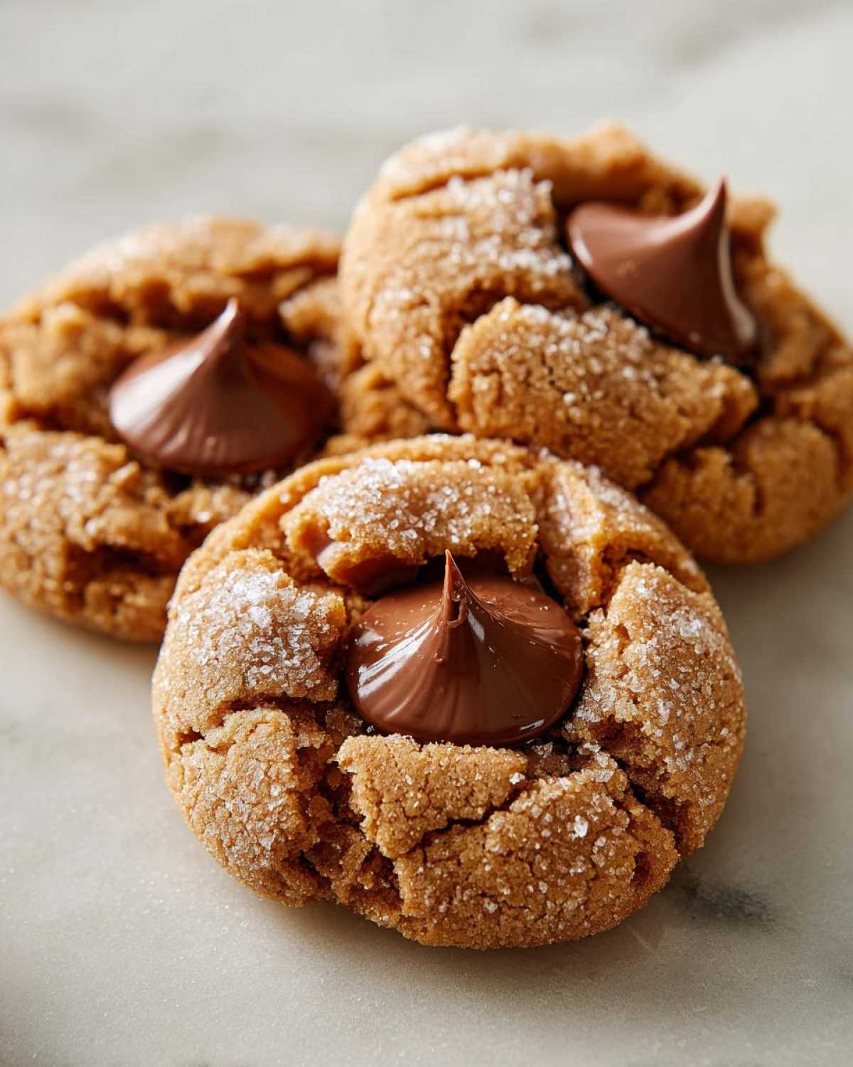 Three freshly baked kiss cookies, rolled in sugar and topped with a melted chocolate kiss.
