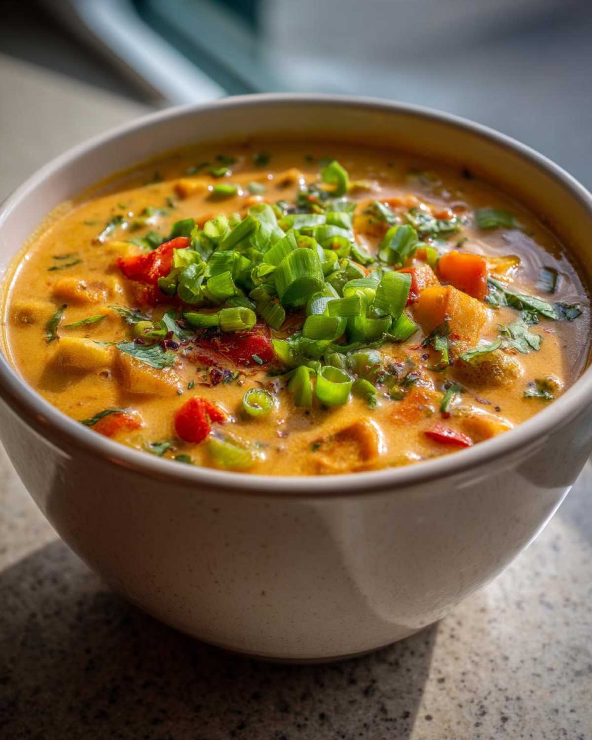 Close-up of a creamy, orange-hued coconut curry soup in a white bowl, garnished heavily with fresh green scallions.
