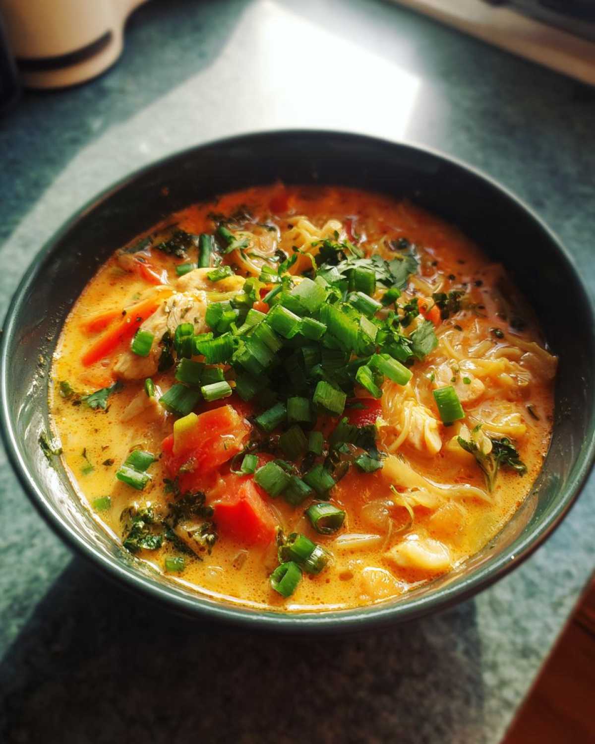 A close-up, overhead shot of a rich coconut curry soup topped generously with fresh chopped green onions.