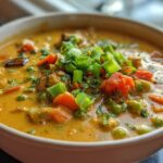 A close-up shot of a bowl of vibrant, creamy coconut curry soup loaded with carrots, peas, and topped with fresh green onions.