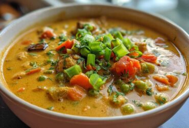 A close-up shot of a bowl of vibrant, creamy coconut curry soup loaded with carrots, peas, and topped with fresh green onions.