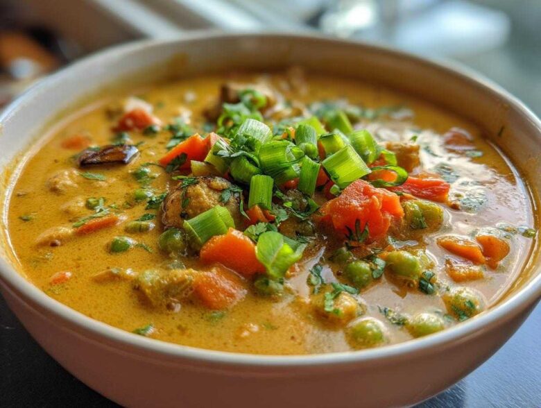 A close-up shot of a bowl of vibrant, creamy coconut curry soup loaded with carrots, peas, and topped with fresh green onions.