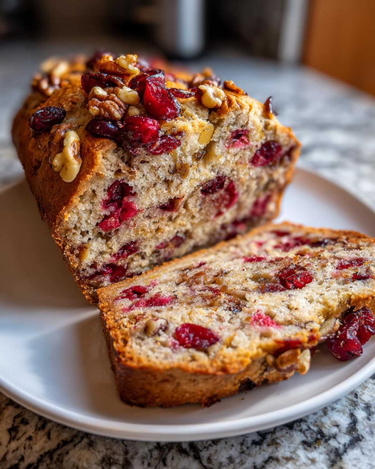 Close-up of sliced cranberry walnut bread showing cranberries and walnuts inside and on top.