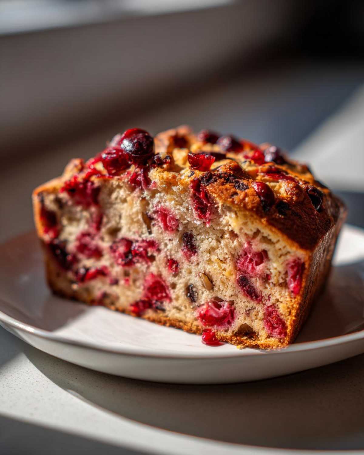 A close-up, sunlit slice of homemade cranberry walnut bread showing bright red cranberries and nuts embedded in the crumb.
