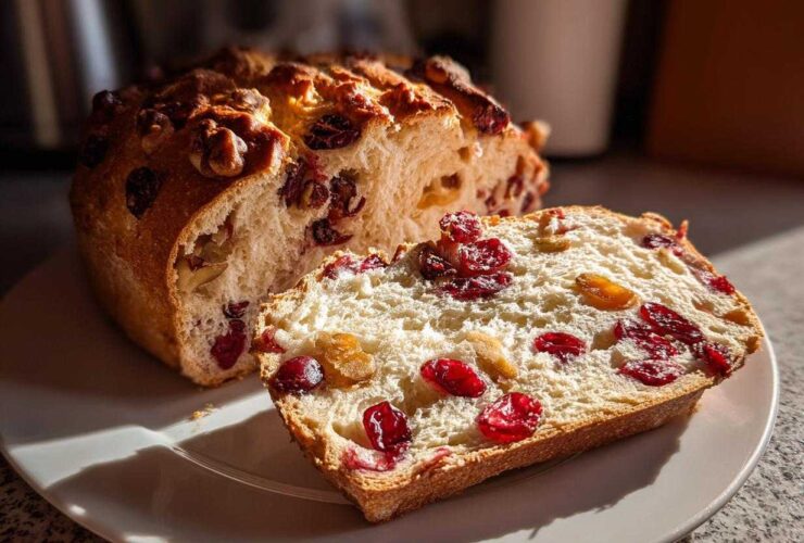 A slice of freshly baked cranberry walnut bread resting on a white plate next to the main loaf.