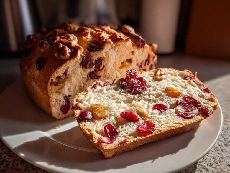 A slice of freshly baked cranberry walnut bread resting on a white plate next to the main loaf.