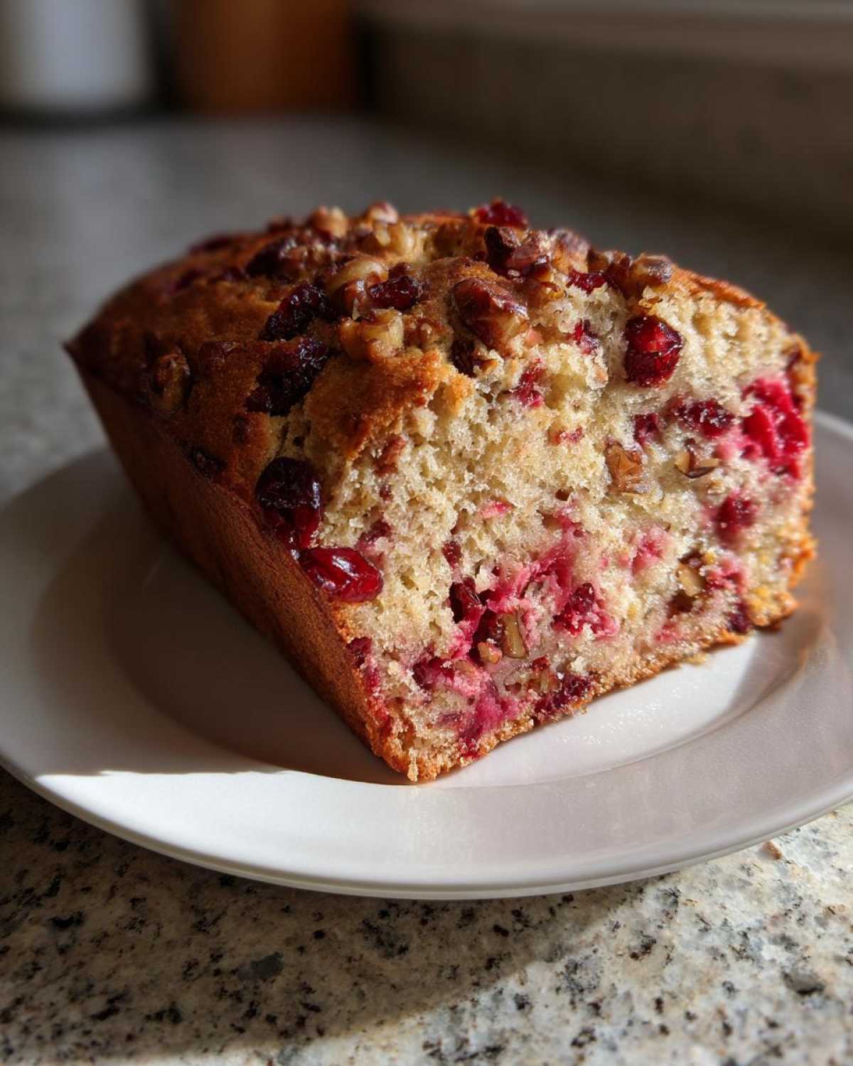 A thick slice of homemade cranberry walnut bread, showing bright red cranberries and nuts baked into the moist crumb.