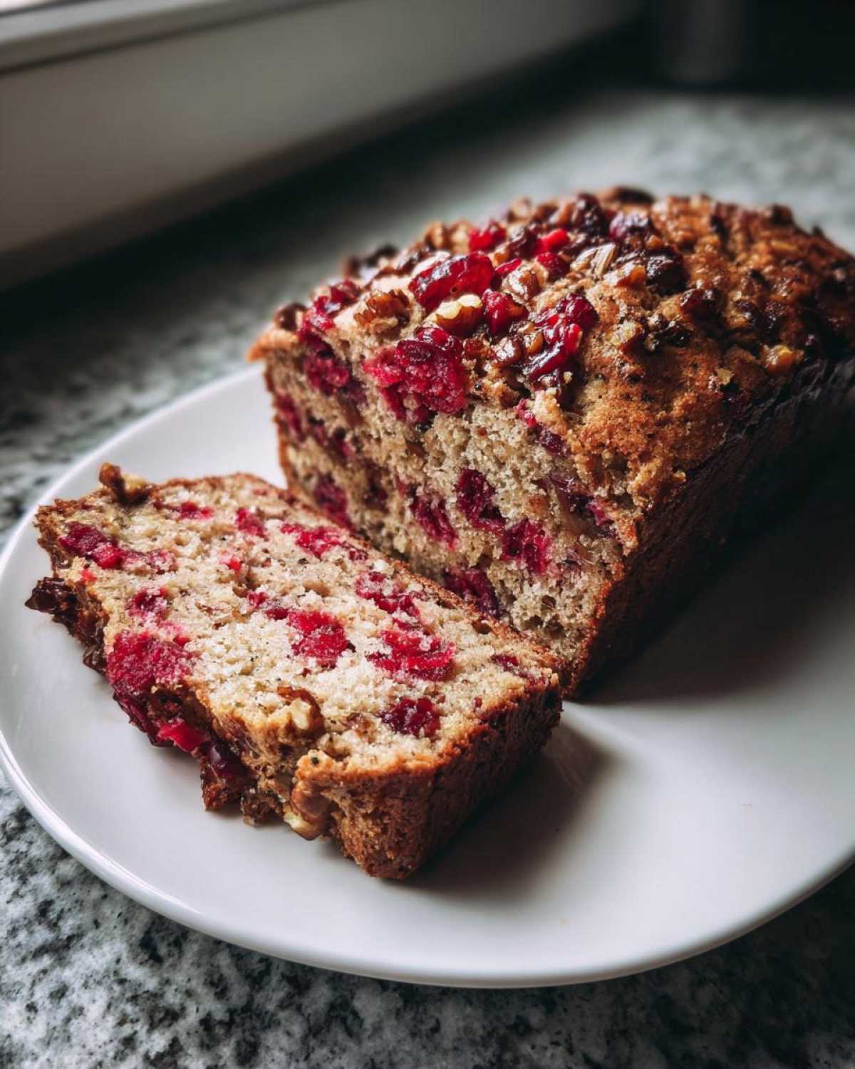 A loaf of homemade cranberry walnut bread, partially sliced, showing bright red cranberries and walnuts baked into the rustic crust.