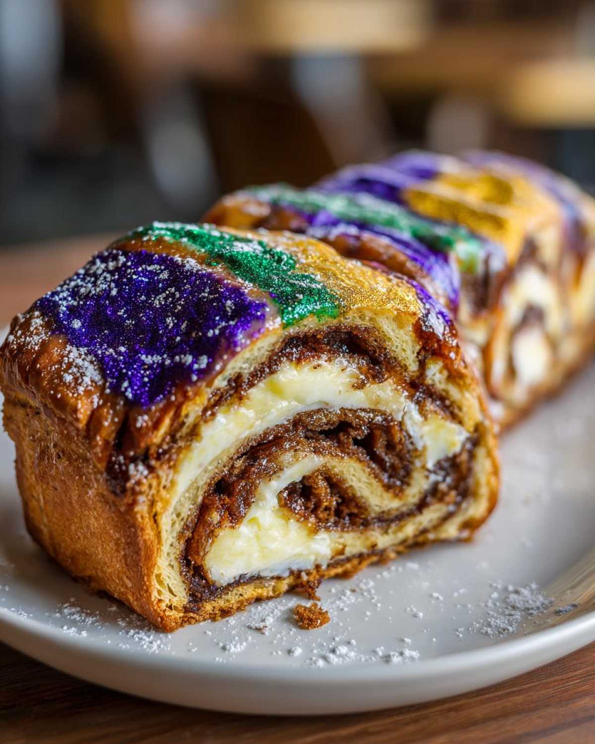 Close-up of a rich, cream cheese-filled king cake slice decorated with purple, green, and gold icing.