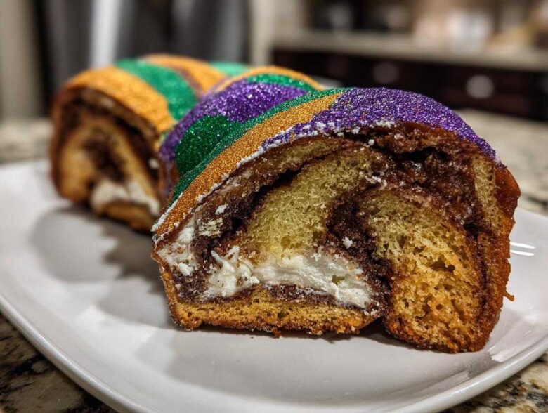 Close-up of a slice of cream cheese king cake showing swirled dough, filling, and purple, green, and gold sanding sugar.