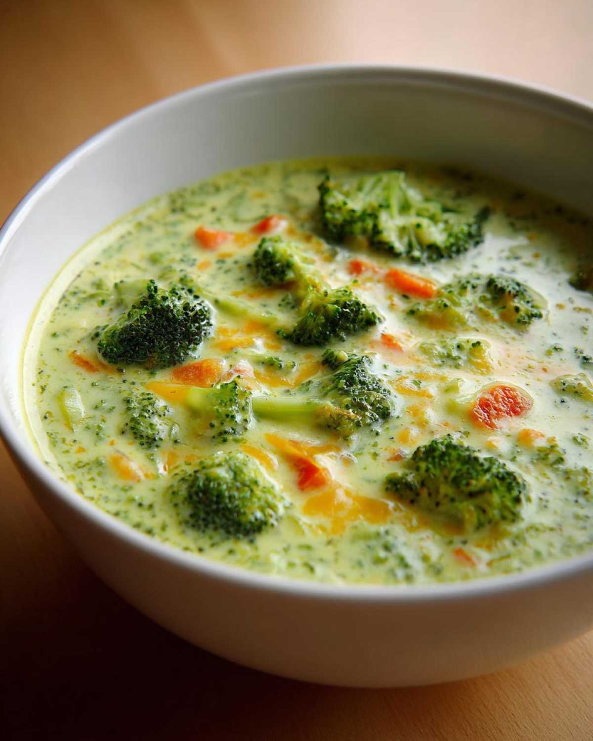 Close-up view of a white bowl filled with creamy broccoli cheddar soup, featuring bright green florets and melted orange cheddar.