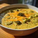 Close-up of a bowl filled with creamy, yellow broccoli cheddar soup topped with melted cheddar cheese and fresh broccoli florets.