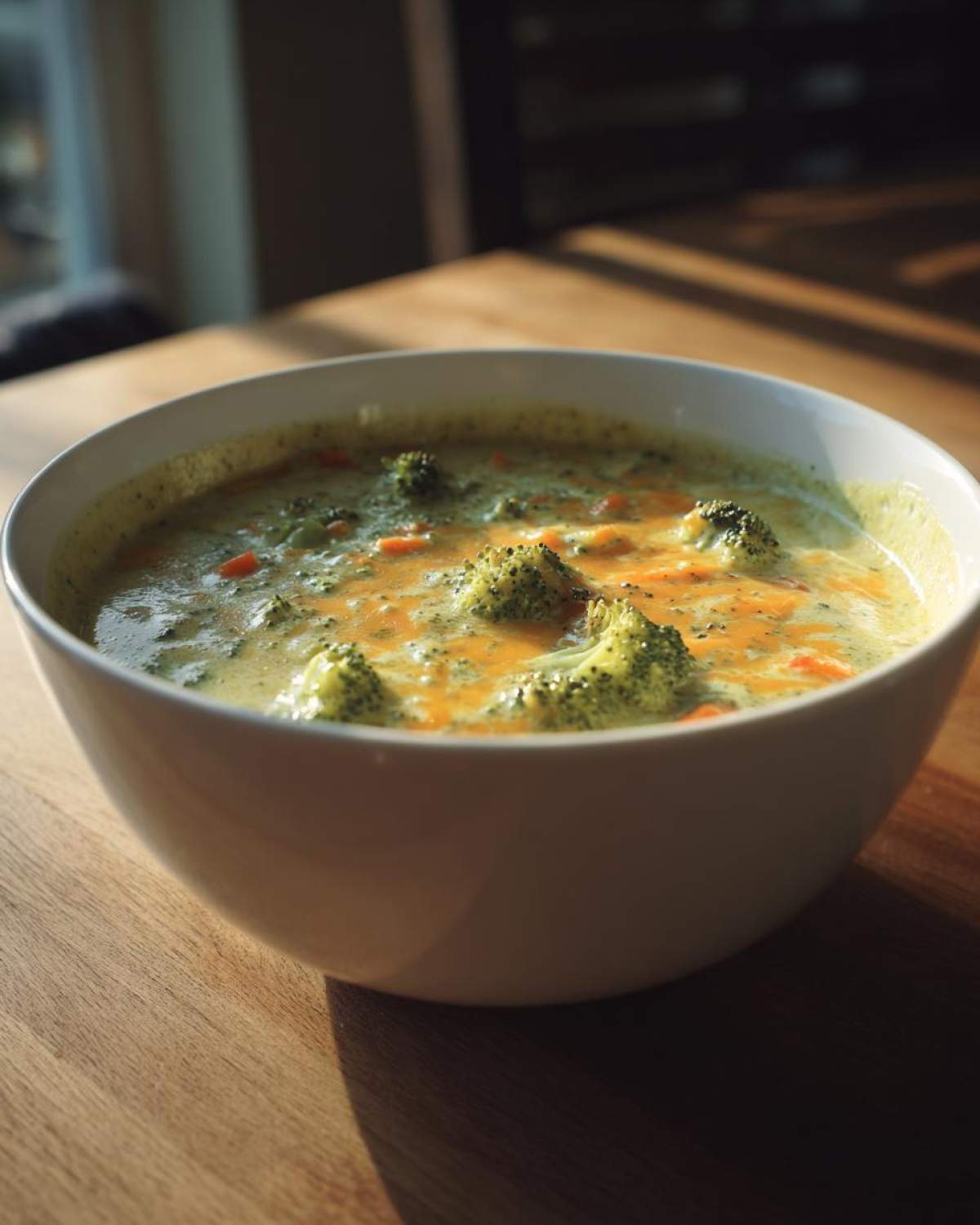 Close-up of a white bowl filled with creamy broccoli cheddar soup, featuring visible florets and melted cheese.
