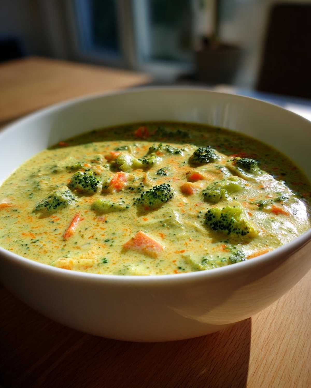 Close-up of a white bowl filled with creamy, yellow-green broccoli cheddar soup, featuring visible florets and carrot pieces.