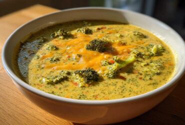 Close-up of a bowl filled with creamy, yellow broccoli cheddar soup topped with melted cheddar cheese and fresh broccoli florets.