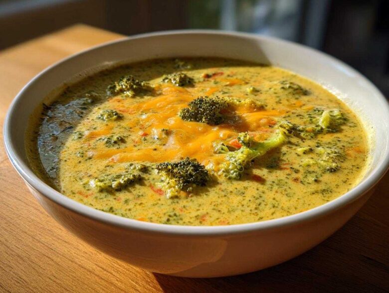 Close-up of a bowl filled with creamy, yellow broccoli cheddar soup topped with melted cheddar cheese and fresh broccoli florets.