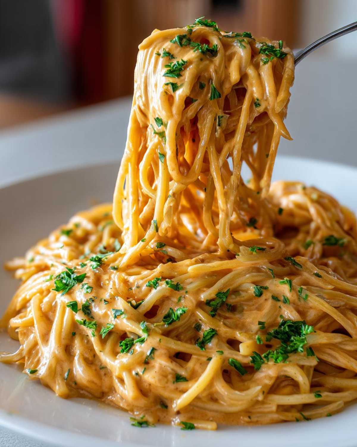 Close-up of creamy caramelized onion pasta being lifted high on a fork, garnished with fresh parsley.