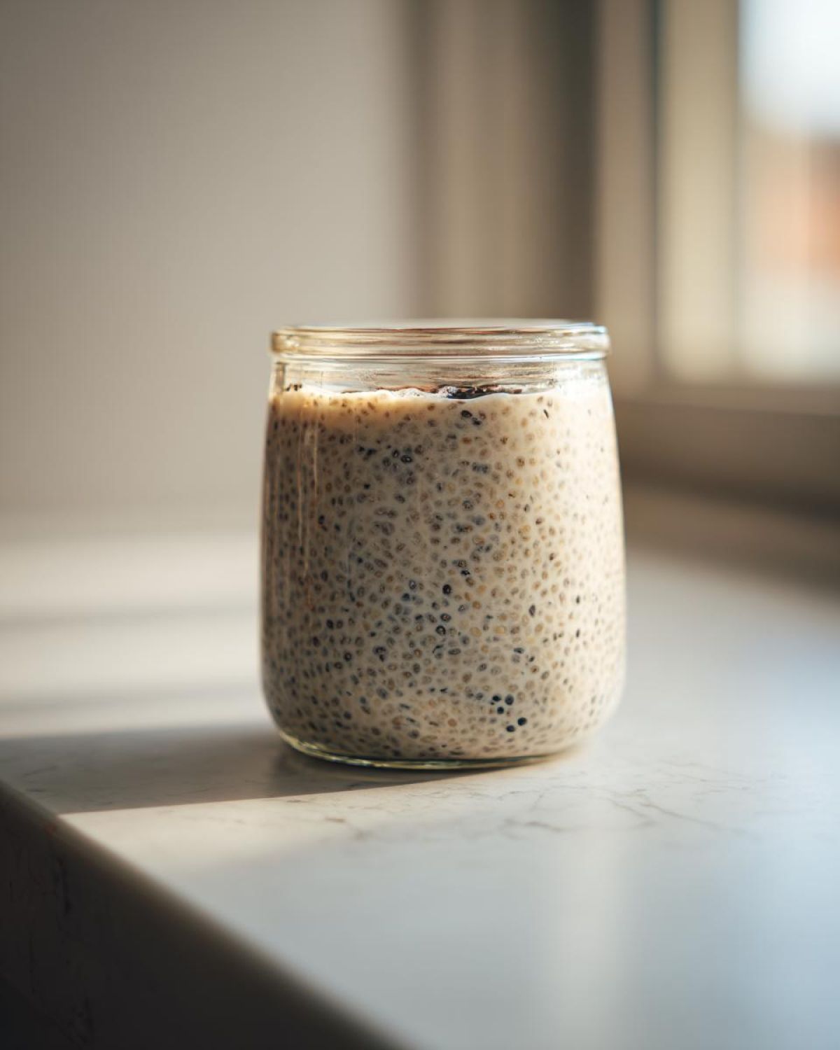 A glass jar filled with creamy, thick chia seed pudding sitting on a bright marble surface near a window.