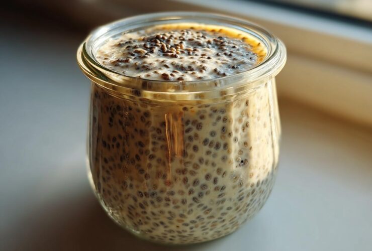 A close-up shot of creamy chia seed pudding prepared in a small glass jar, set against bright window light.