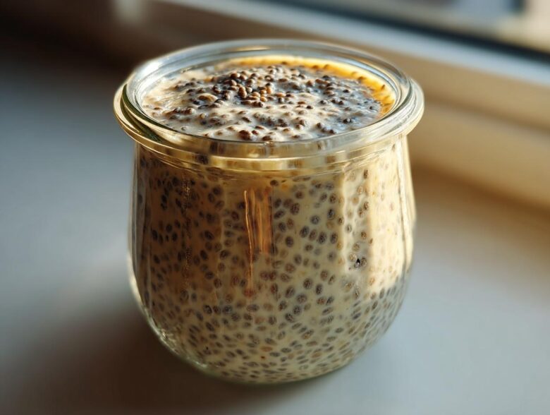 A close-up shot of creamy chia seed pudding prepared in a small glass jar, set against bright window light.