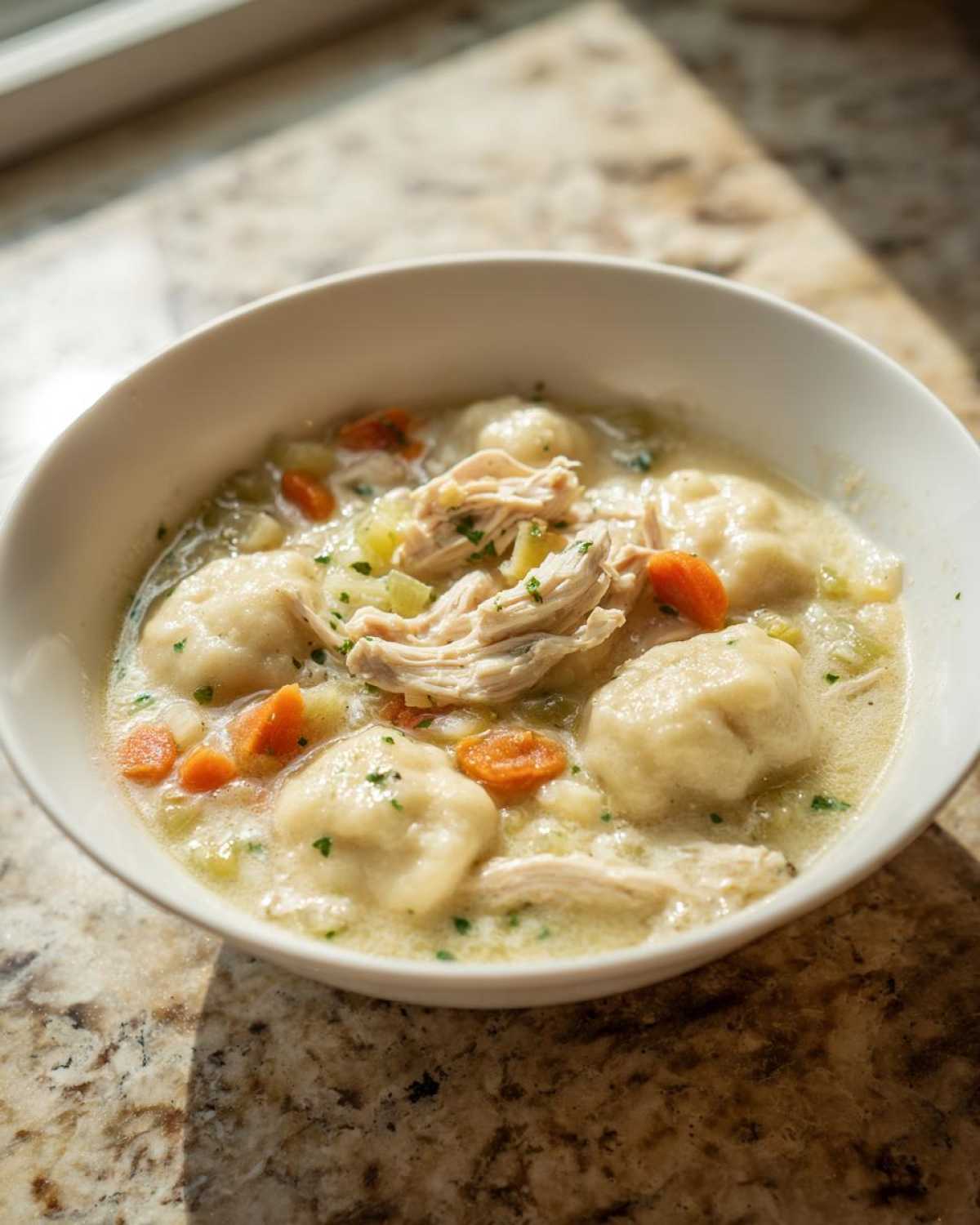 Close-up of a white bowl filled with creamy chicken and dumplings, shredded chicken, carrots, and celery.